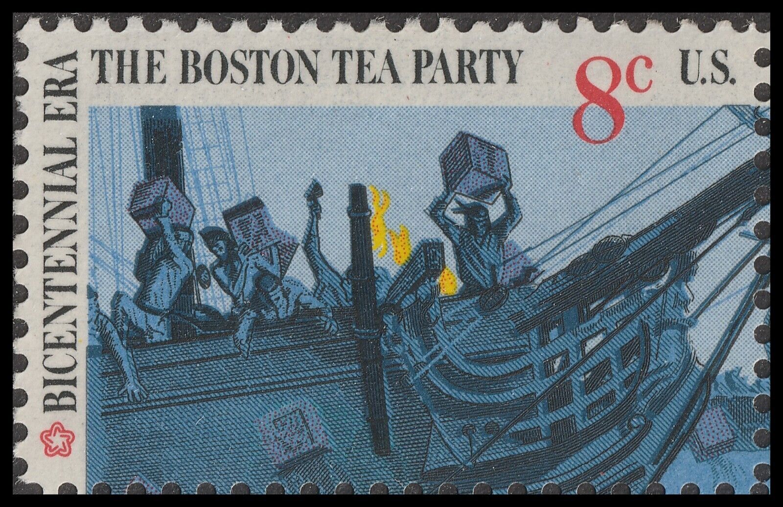 US, British Merchantman (Scott #1480), The 1973 8¢ Boston Tea Party 4-stamp Set