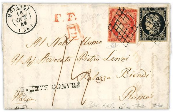 Letter from France with one franc bright vermilion Ceres stamp and black Ceres of 20-centime stamp. 