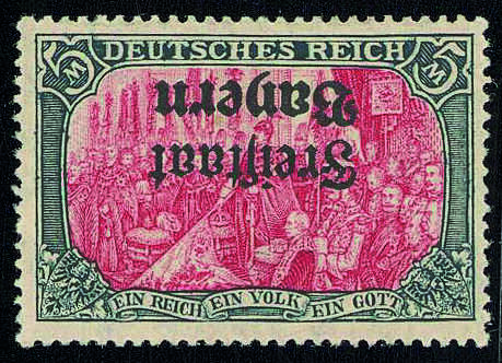 Wilhelm II speaking at Empire's 25th anniversary Celebration, 5m, green black / red with an inverted overprint "Free State of Bavaria", German stamp