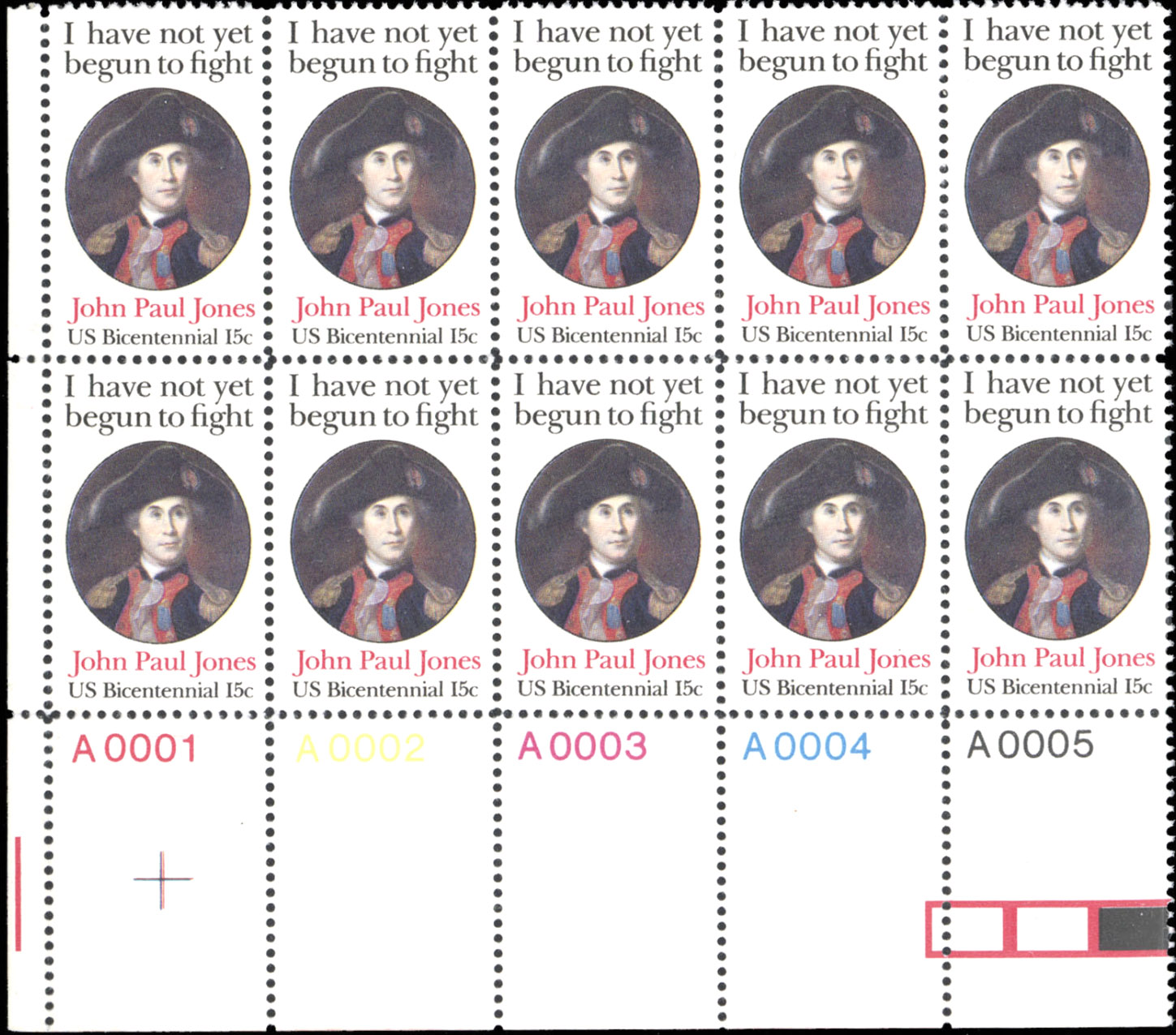 block of ten 1979 John Paul Jones 15c multicolored stamps