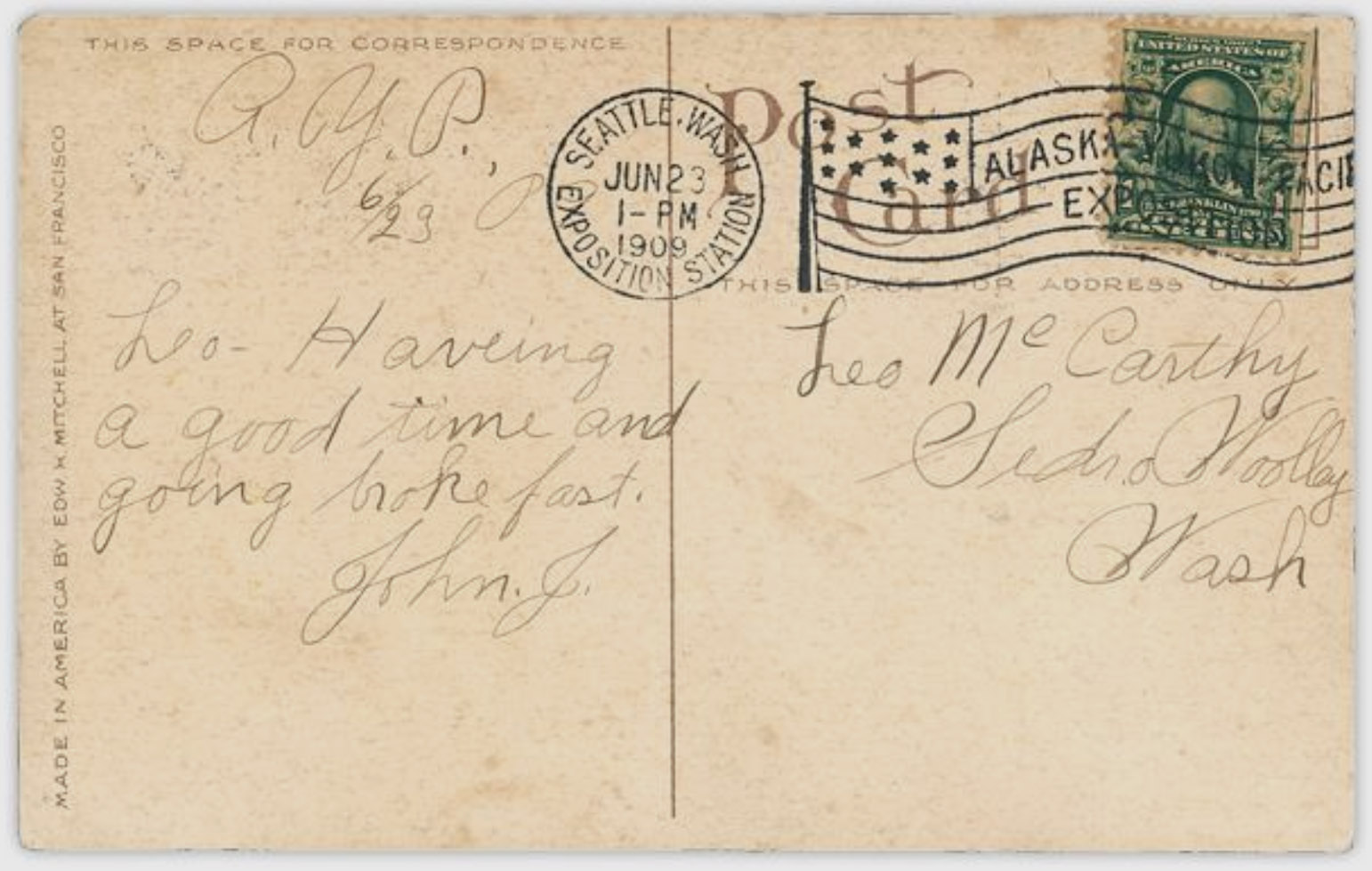 postcard from Seattle, bearing Benjamin Franklin 1c green 1706-1790 series 1902 stamp