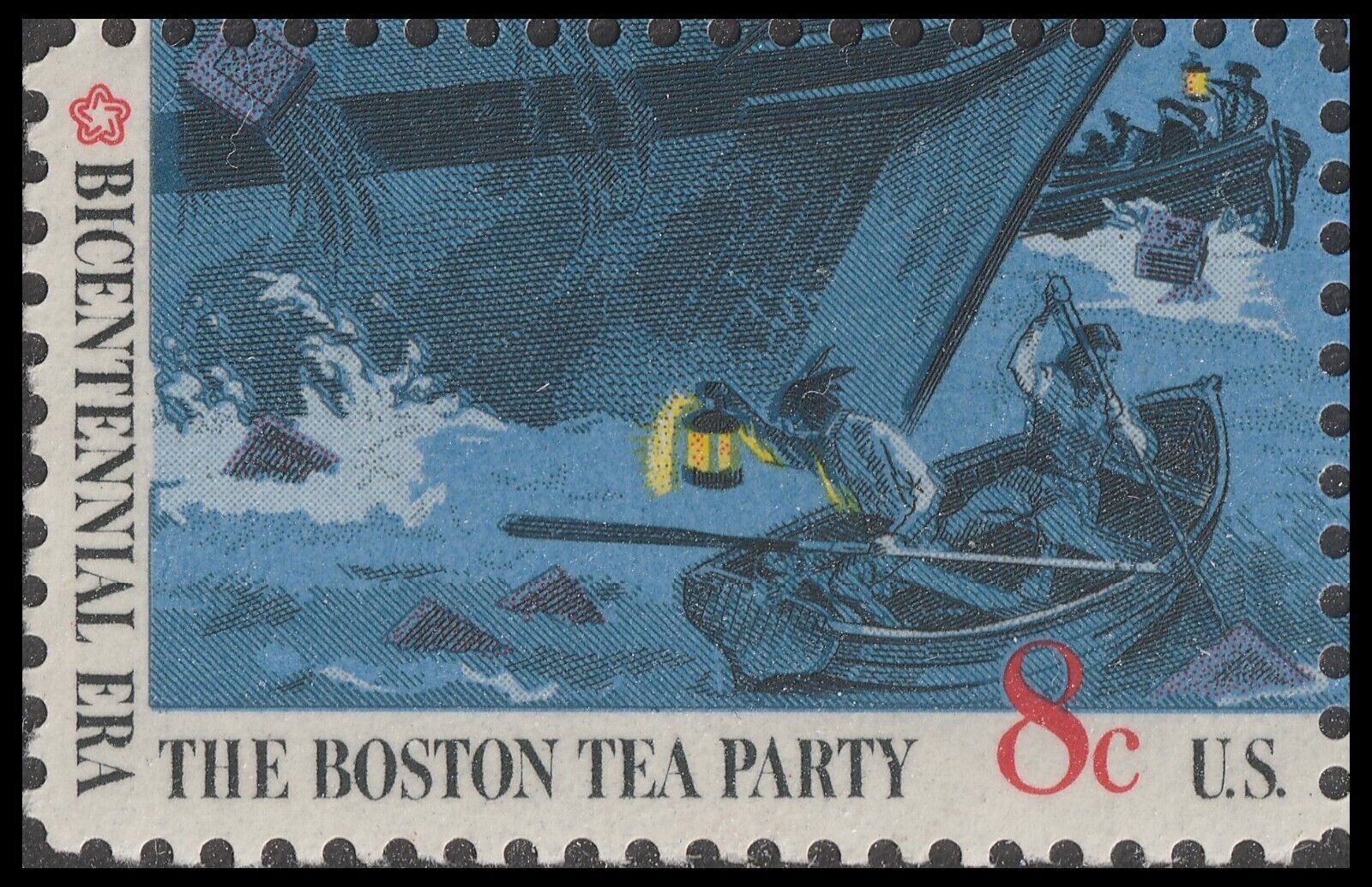 US, Boat and Dock (Scott #1483) 8c stamp, The 1973 8¢ Boston Tea Party 4-stamp Set
