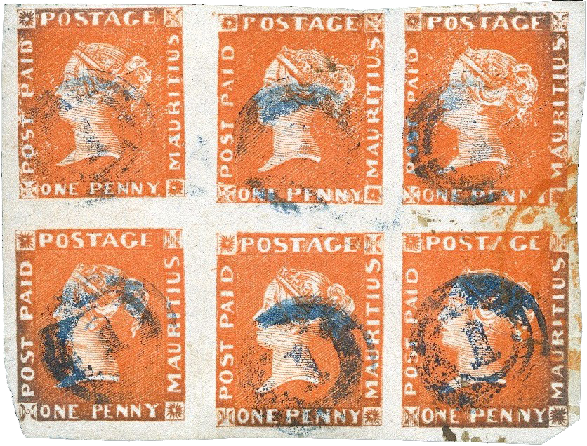 Mauritius 1d orange block of six, 1848