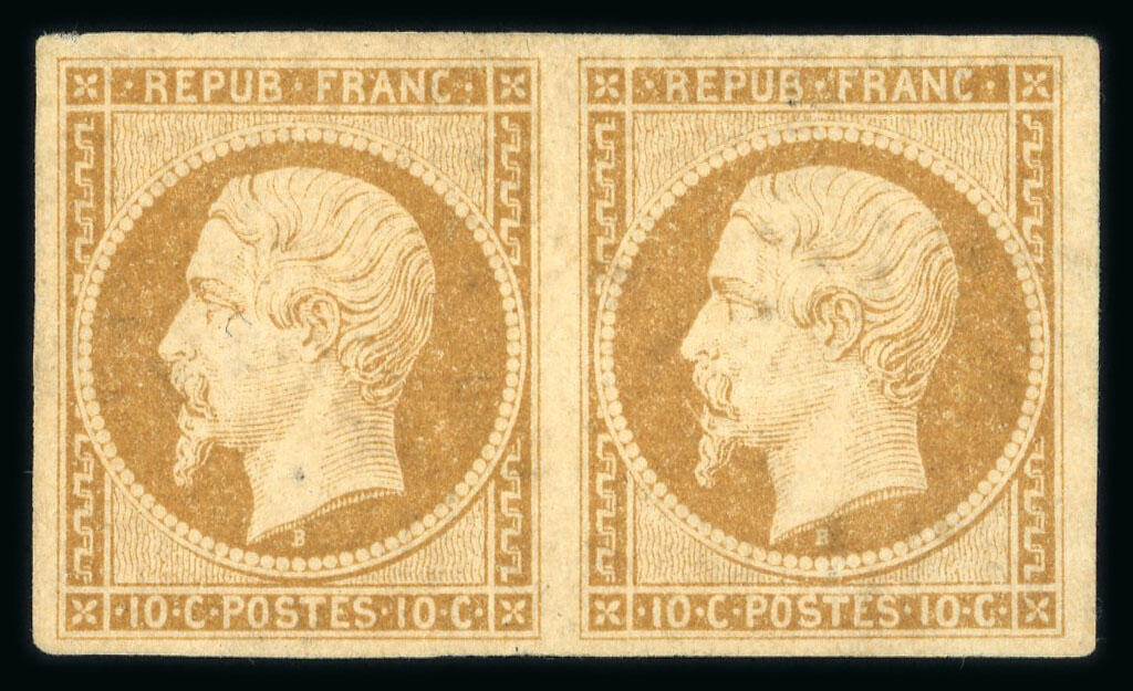 Emperor Napoleon III, 1852, blister on yellowish stamp, new pair with full original gum