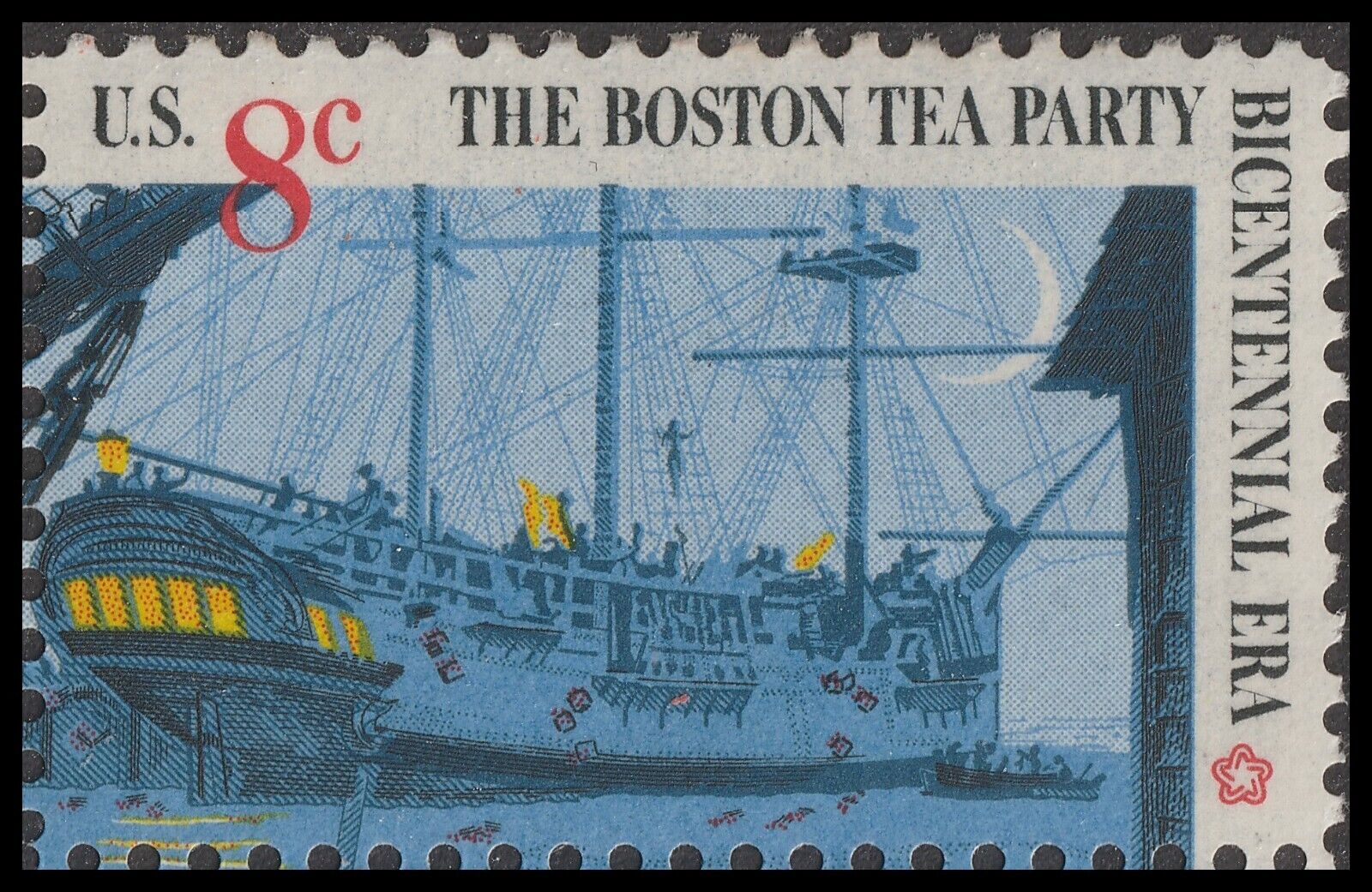 US, British Three-Master Ship (Scott #1481) 8c stamp, The 1973 8¢ Boston Tea Party 4-stamp Set