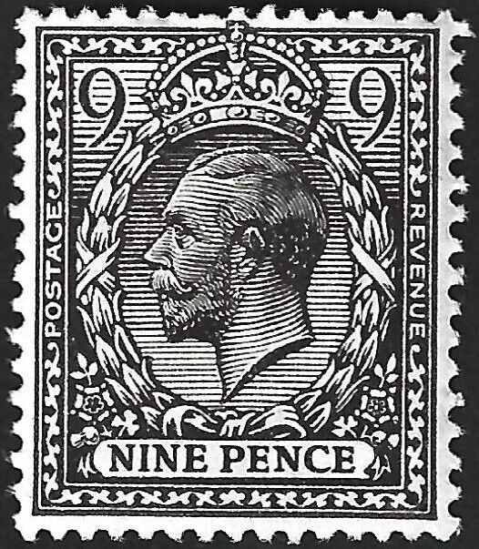 Great Britain, King George V, 9 pence, black and brown stamp, Scott #304, 1913