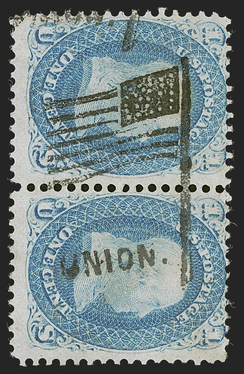 1 cent, blue, Benjamin Franklin portrait facing right USA stamp, cancellation stamp Union and Flag