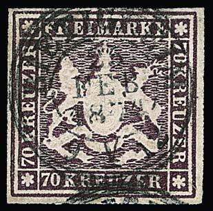 Coat of arms 70Kr. brown purple, Bogenfeld 1 stamp - Wurttemberg German State Coat of Arms stamp