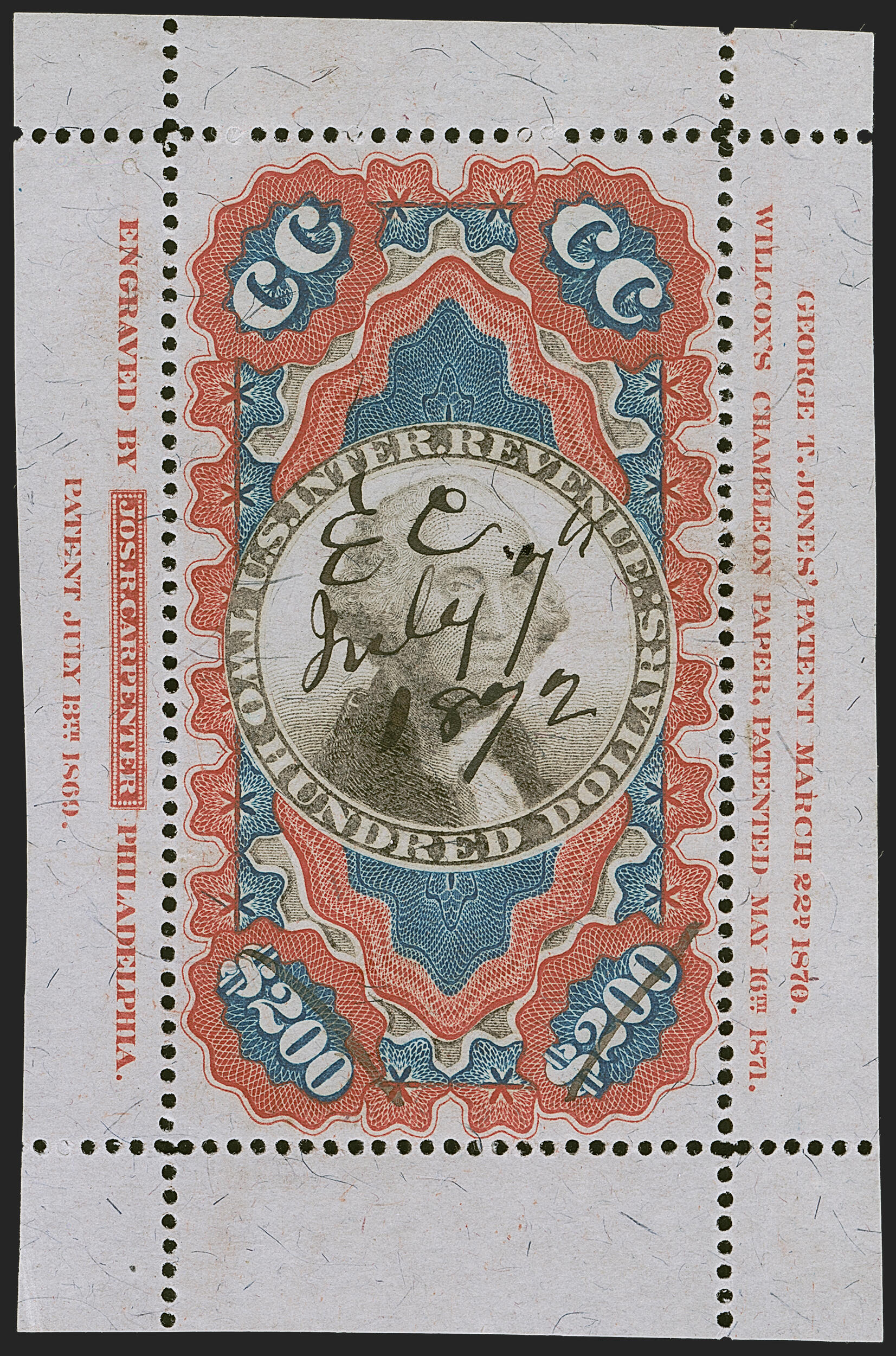 The "Small Persian Rug" — George Washinghton, Internal Revenue, $200.00 stamp in red, blue