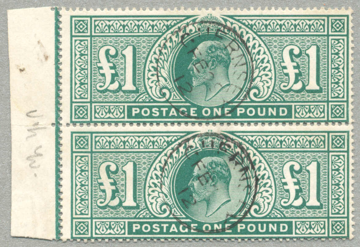 Great Britain, King Edward VII, one pound pair pf stamps, 1911, green