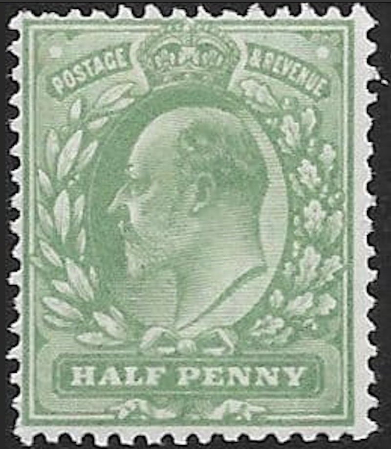 Great Britain, King Edward VII, halfpence, pale green stamp, Scott #128, 1902