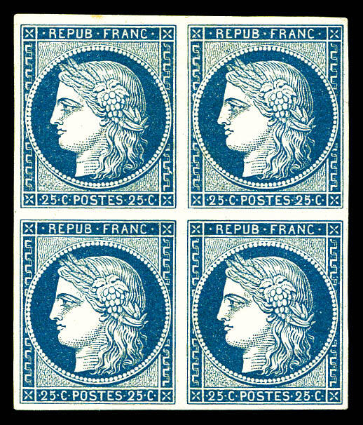 Ceres, 25c, blue, block of four stamps. Mint condition, France stamps