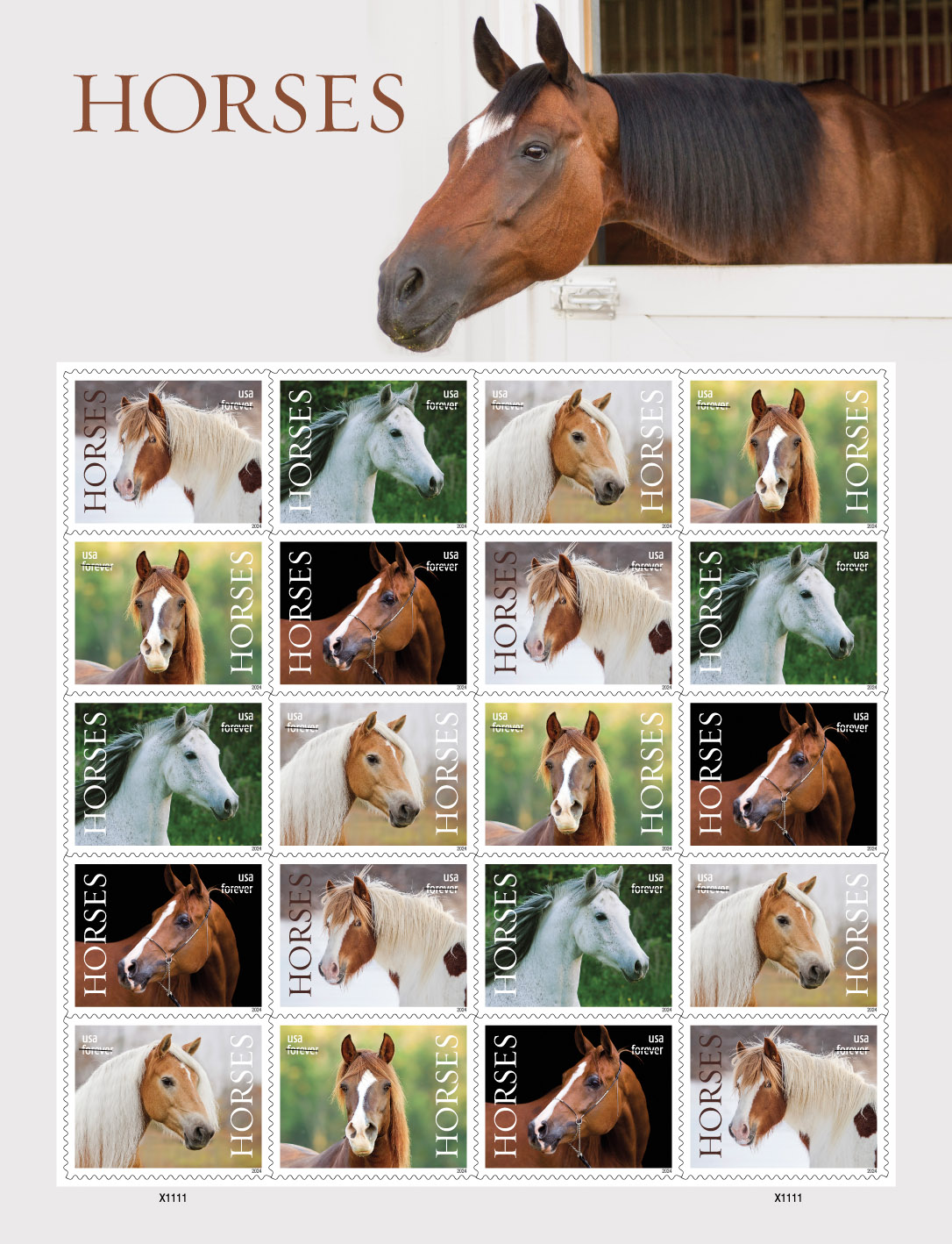 21. Horses - US 2024 Souvenir sheet of 20 stamps