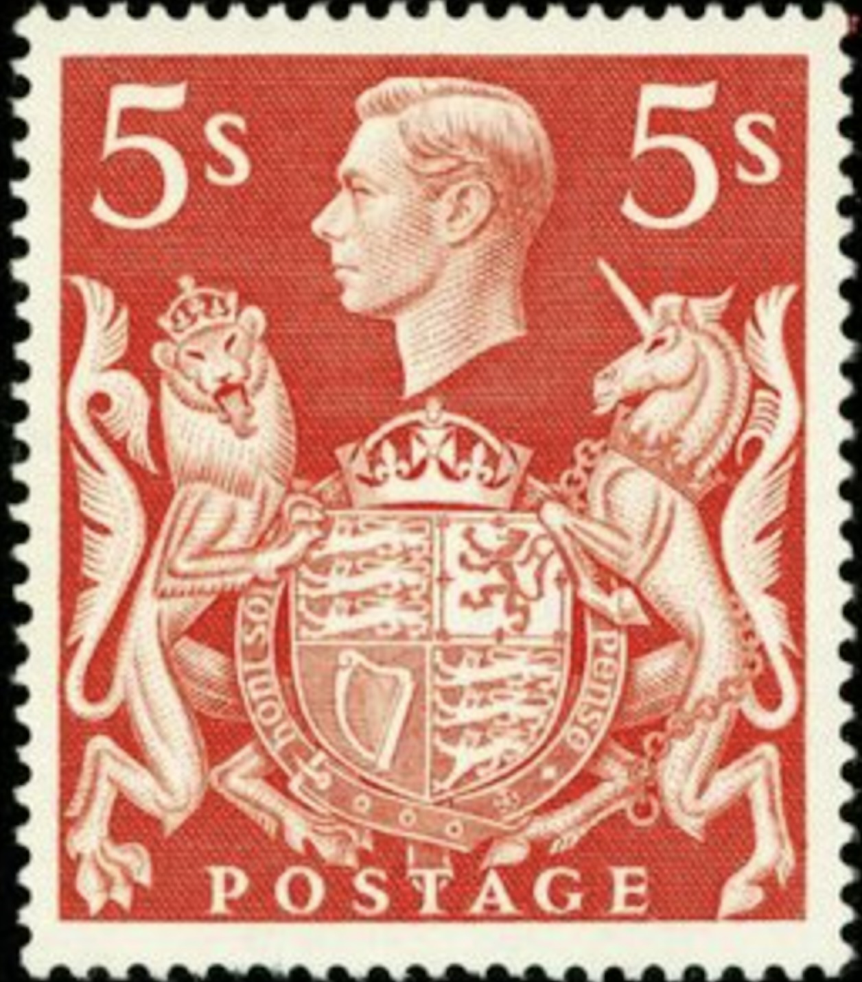 King George VI and Royal Arms, 5shillings, dull red stamp, Scott #326, 1939