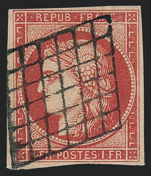 Ceres, 1849, 1 fr, France, dark red vermilion stamp. Exceptional depth of color, a bold impression, and a beautifully struck grid cancel