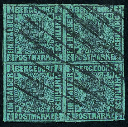 Combined arms of Lübeck and Hamburg 1/2 sch, black on blue, German stamp