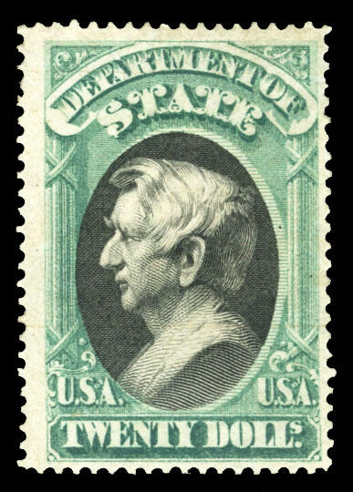 1873, William H. Seward, $20, green and black stamp, fresh colors, well-centered, USA stamp