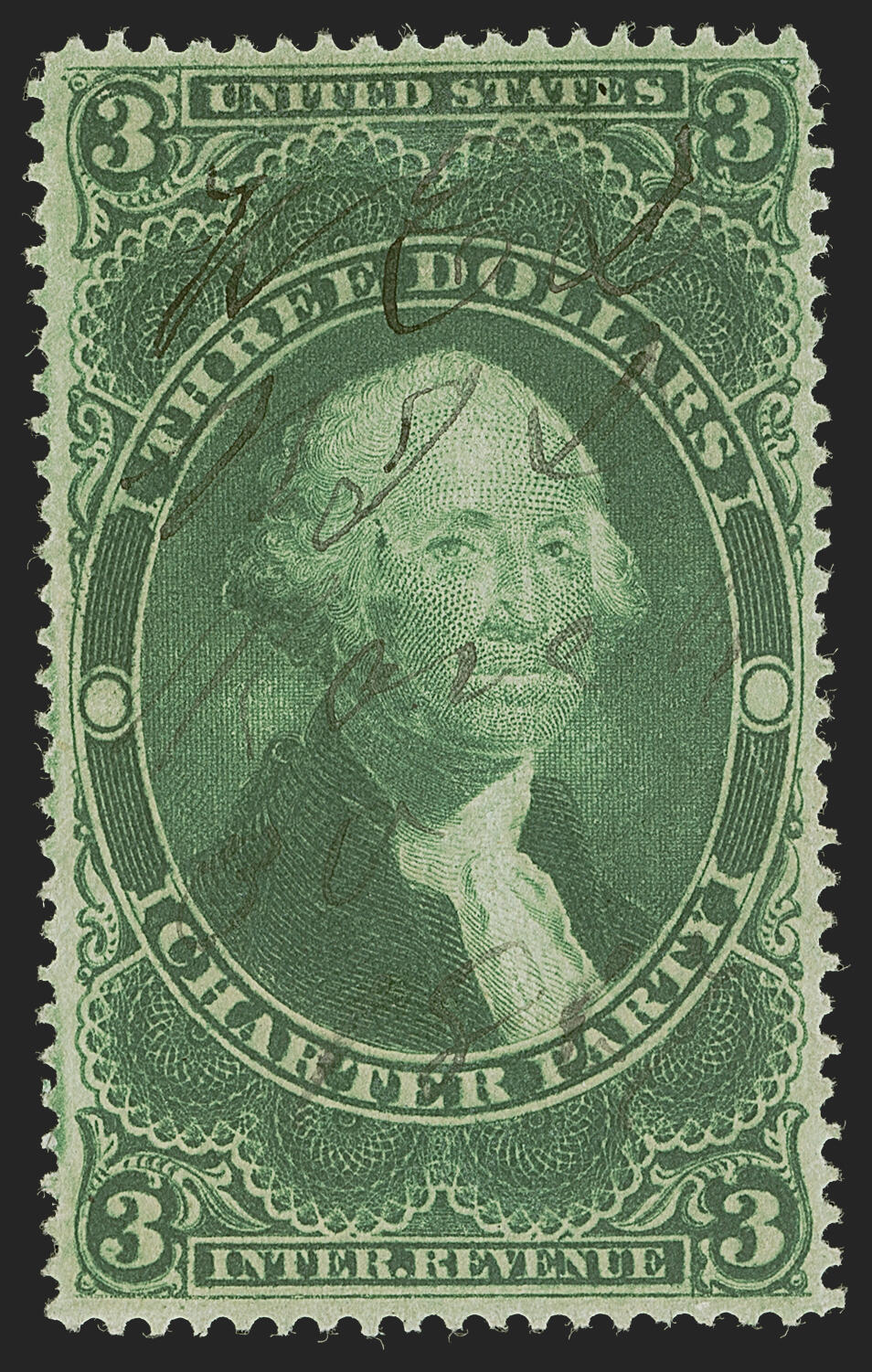 3$, charter party, green, George Washinghton, manuscript pen cancellation, USA stamp