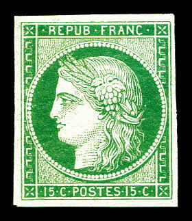 Ceres, 15c green stamp, four beautiful margins, mint condition, French stamp