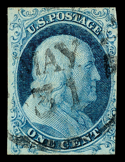 Benjami Franklin, 1851, blue stamp, 1c