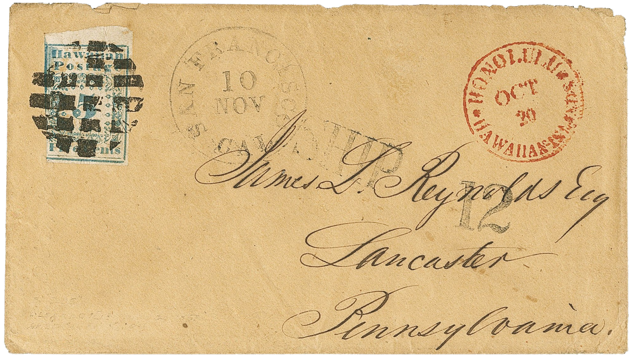 5c Blue Hawaiian Missionary on cover, 1851