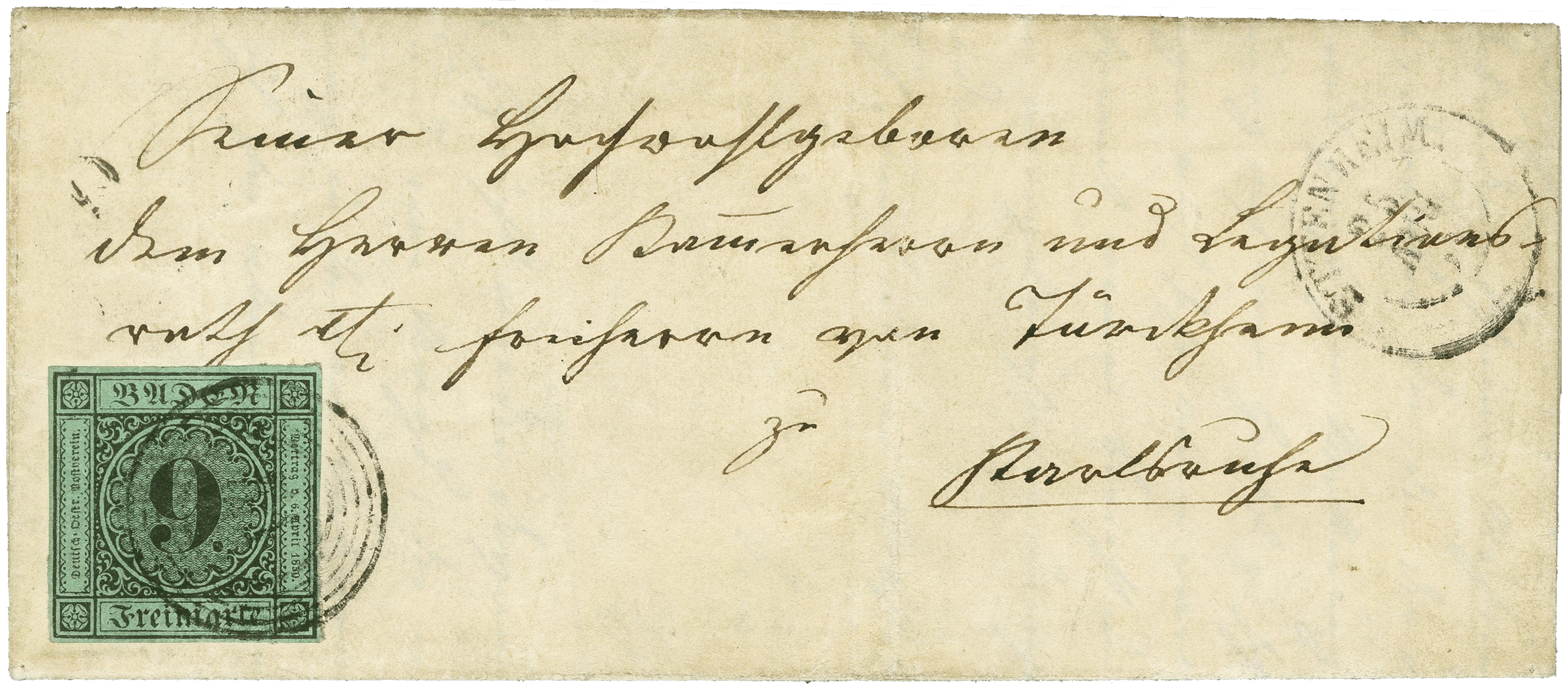 Baden 9-kreuzer error stamp, 1851