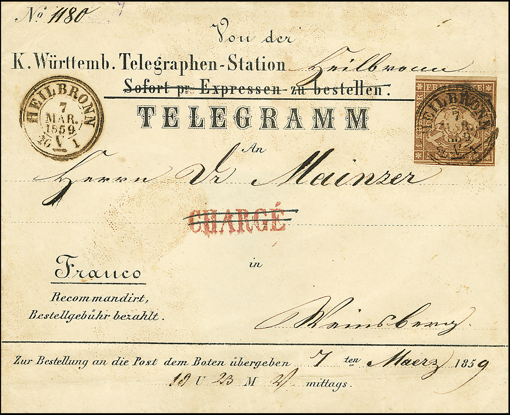 Franked telegram, bearing German state Württemberg, Coat of Arms stamp