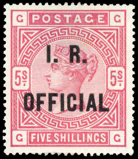 1885, Queen Victoria, 5 sh, rose on blued paper stamp, with a marking of I. R. Official