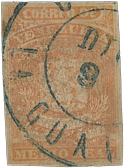 Medio Real error of colour stamp, 1859