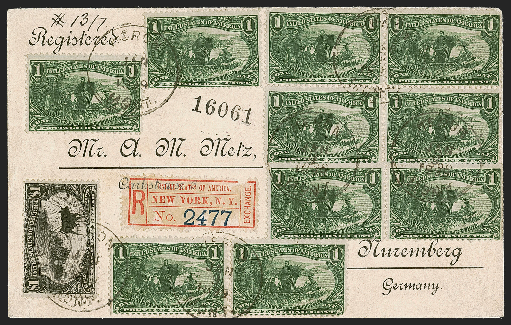 US Cover with $1 Black Trans-Mississippi Western Cattle in storm stamps and 1c Trans-Mississippi Marquet on the Mississippi stamp 