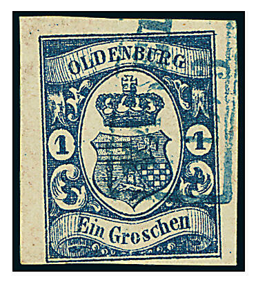 Oldenburg, Coat of Arms, 1 gr, indigo stamp, old German stamp, Deutsche Reich stamp, good condition 