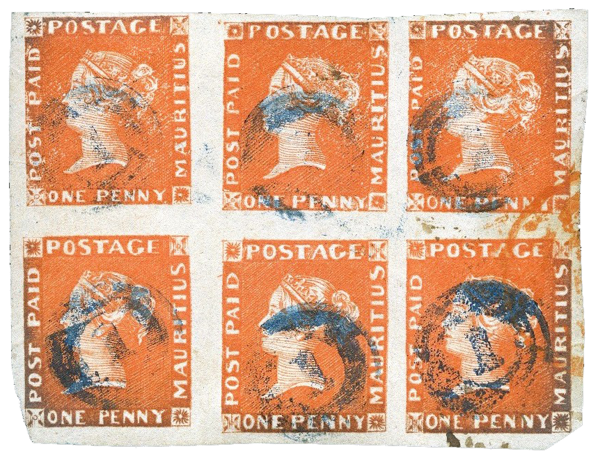 Mauritius 1d orange block of six, 1848