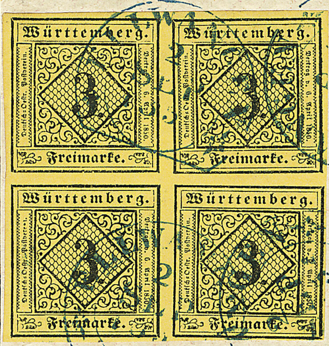 block of four 3 kreuzer black on dark yellow stamps