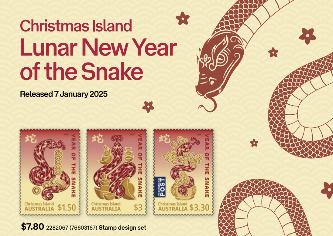 Christmas Island Lunar Year of the Snake stamp, Australia new stamps 2025