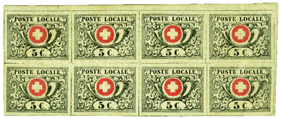 Block of eight “Vaud 5” of Geneva stamps, 1850