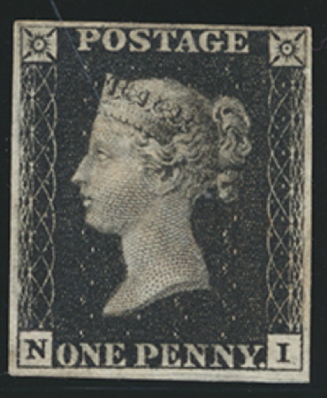 unused Penny Black stamp, plate 6, lettered NI, with clear margins on all sides