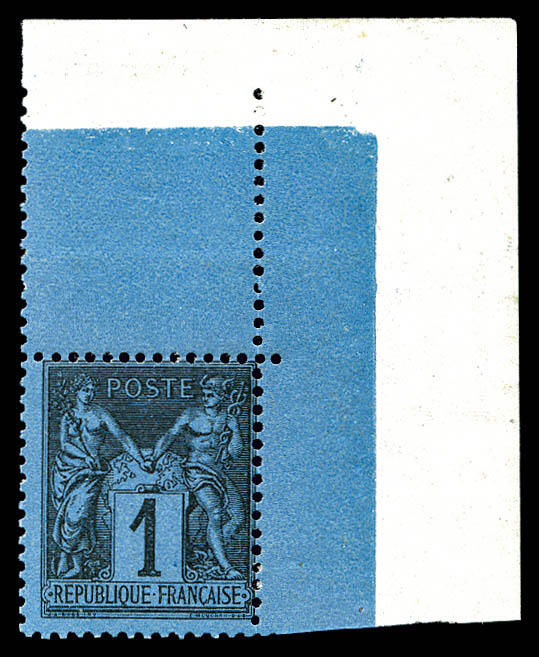 Peace and commerce, 1c, blue stamp, full sheet corner, mint condition, probably the most beautiful copy known