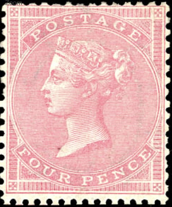 Great Britain, Queen Victoria, 4d pale carmine on thin white paper stamp, Scott #25, 1856