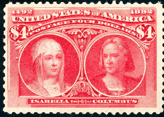 USA, 1893, Isabella and Columbus $4 stamp, Crimson (Scott #244)