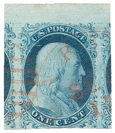 1c Blue, Ty I stamp, 1851