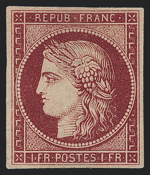 Ceres, 1849, 1 fr, France, dark carmine on yellowish stamp France stamps 
