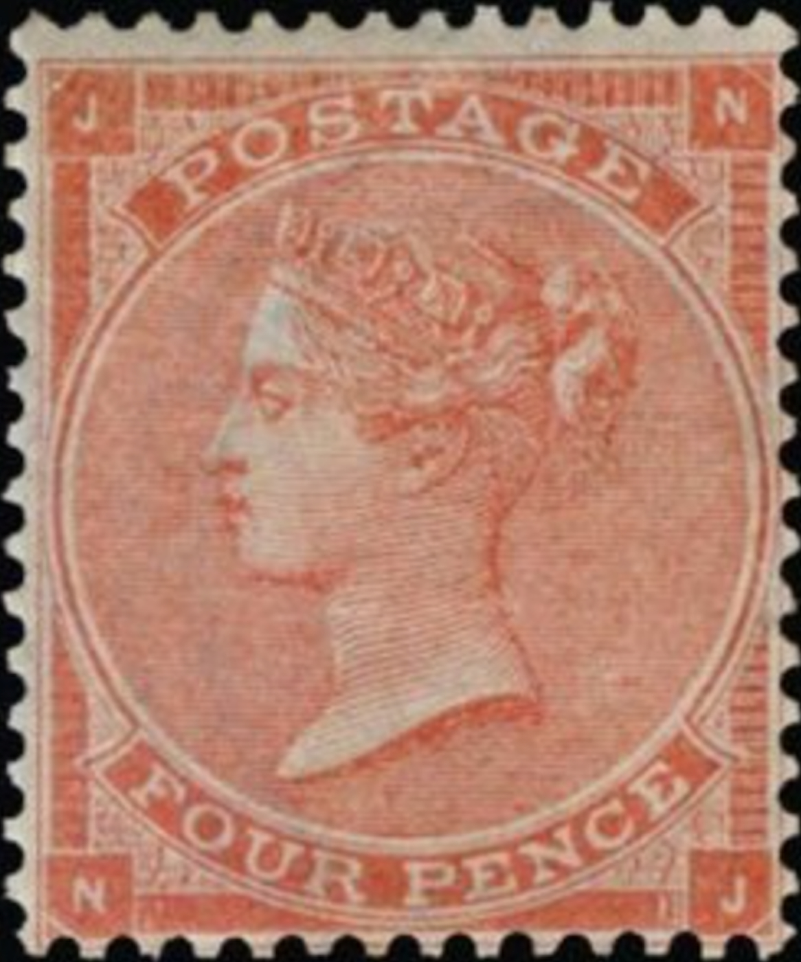 Great Britain, Queen Victoria, 4d vermilion stamp, Scott #43, 1863