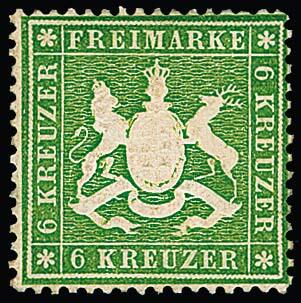 6 Kr. light green on thick paper, unused gem with large parts of the original gumming, a rare brand, sign stamp