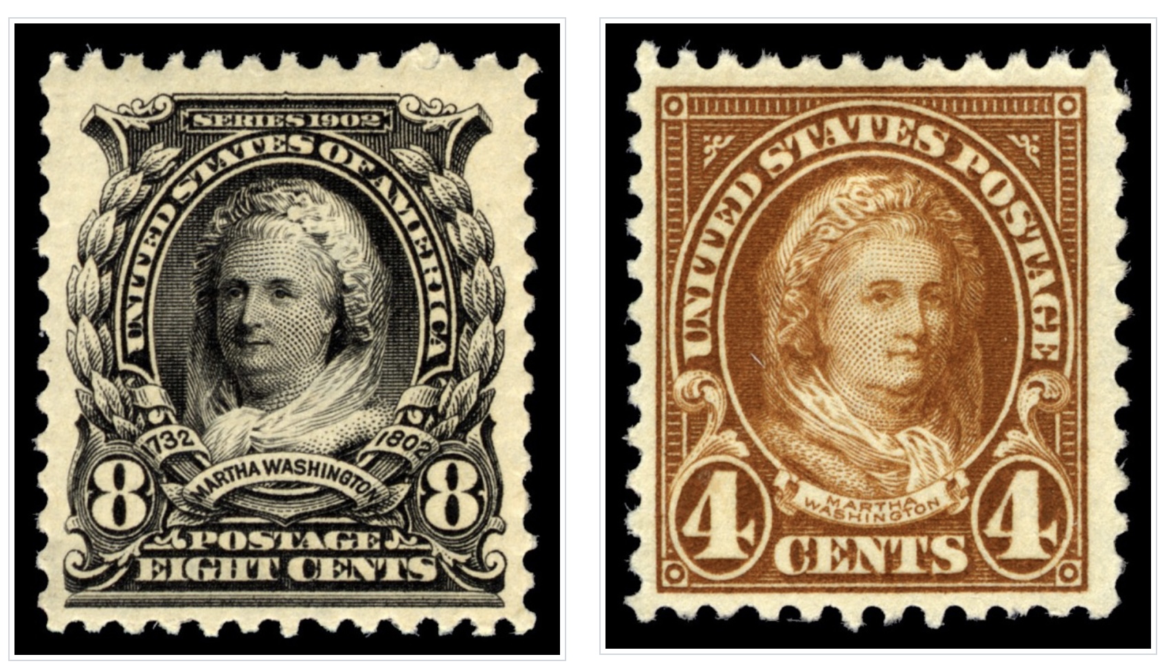 Martha Washington (1902, 1923, 1938) 8c, 4c stamps, USA