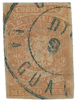 'Medio Real' error of color stamp, 1859
