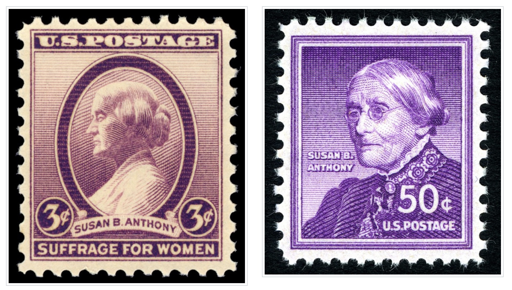 Susan B. Anthony 3c, 5c stamps (1936, 1955) USA