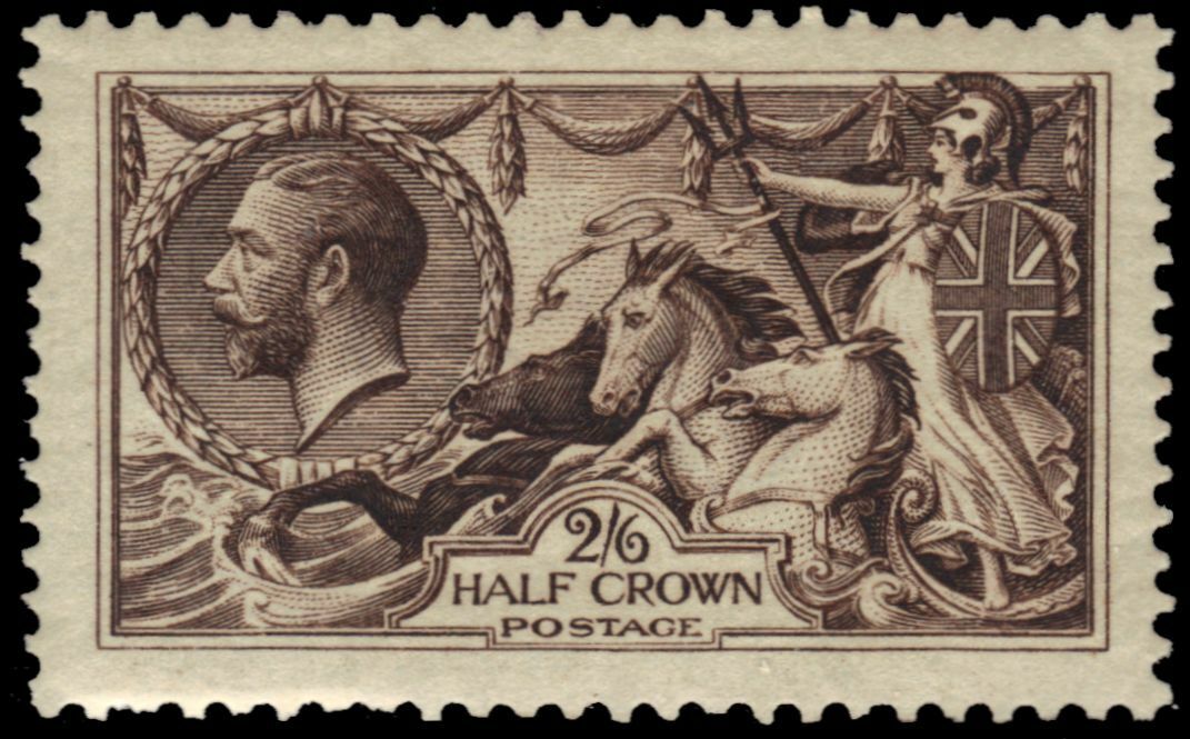 Great Britain, King George V, "Britannia rules the waves" (Seahorses), 2sh 6p brown stamp, Scott #308, 1913