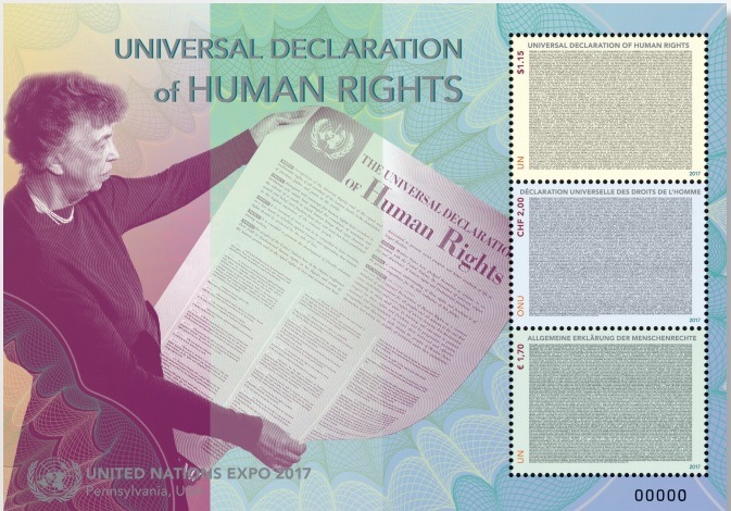 The Universal Declaration of Human Rights celebrated by UNPA. UNEXPO17 Special Event Sheet introduced to collectors’ attention