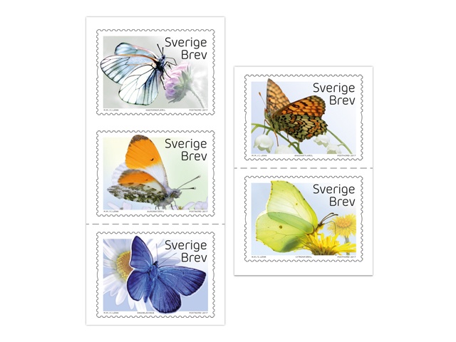Colorful wings for your spring and summer greetings. 5 bright butterfly stamps introduced by Swedish Post