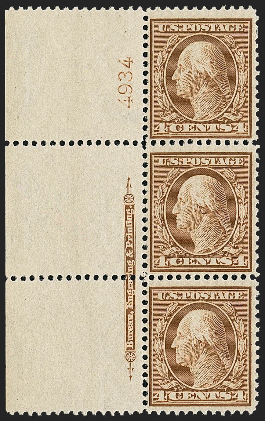 Vertical strip of Washington stamps stared at Siegel. The lot fetched US$165,200